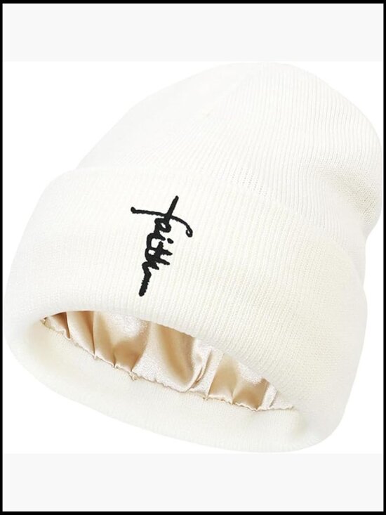 Satin Lined Knit Beanie Hat Women Embroidered Silk Lining Slouchy Cuffed